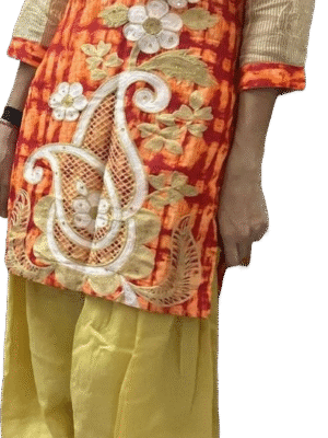 Embroidered Orange Cotton Kurti Set with Yellow Salwar | Traditional Chic