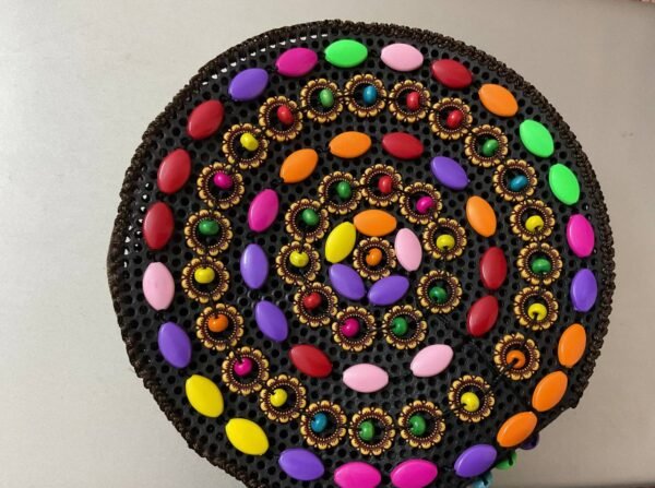 Round Leather Crochet Sling Bag – Vibrant Beaded Spiral Design