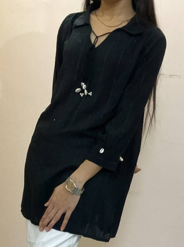 Women's Black Kurti with Shell Detailing and Tie-Up Neckline